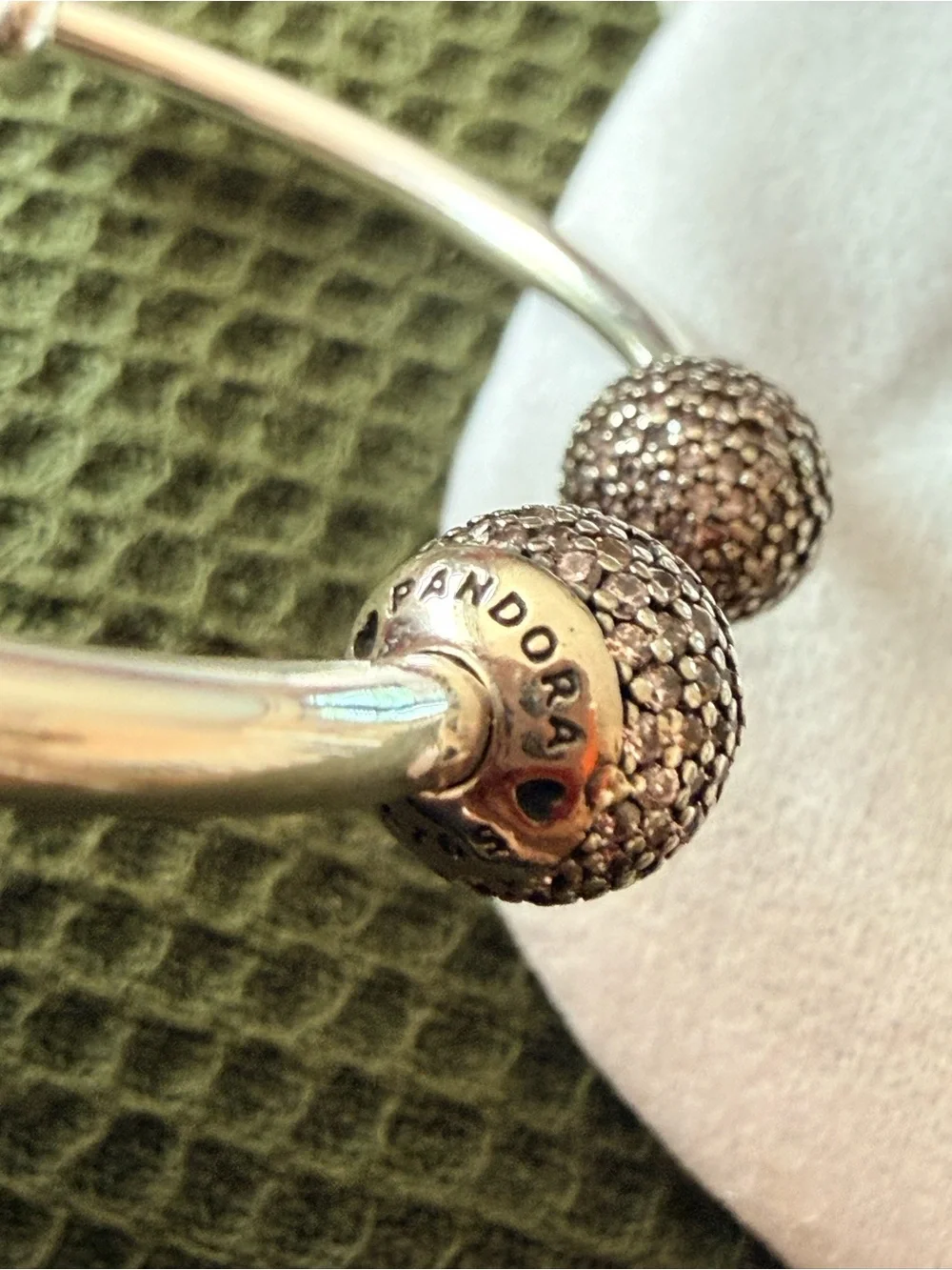 Pandora Silver with pink Pavé Ball Open Bangle - Silver Sparkle